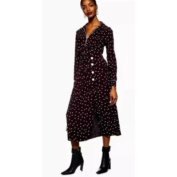 Topshop Dress Heart Button Through Midi Flare Long Sleeve Holiday 4 - Picture 1 of 12
